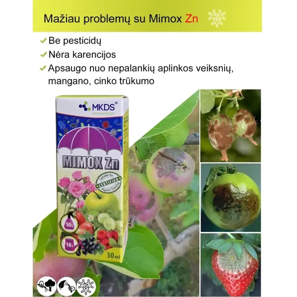 Skystos trąšos Mimox Zn 30 ml, skardinė su skysčiu, tinka augalų tręšimui, matomas buteliukas su etiketėmis.