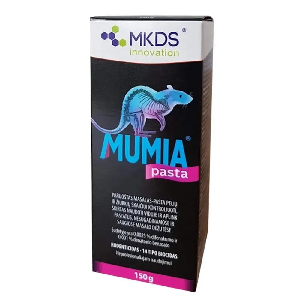 Mumia pasta pelių ir žiurkių naikinimui, 150 g, veiksminga pelėms ir žiurkėms kontrolės priemonė, vaizdas su pasta paketu