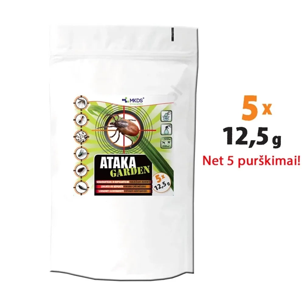 Insekticido priemonė Ataka Garden nuo erkių ir uodų, 5 vnt. po 12,5 g, pakuotės nuotrauka, veiksmingai naikina vabalius.
