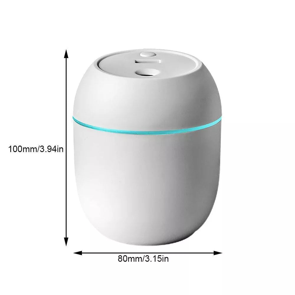 Kompaktiškas rožinis ultragarsinis oro drėkintuvas su RGB LED apšvietimu, 250 ml talpa, USB įkrovimas.
