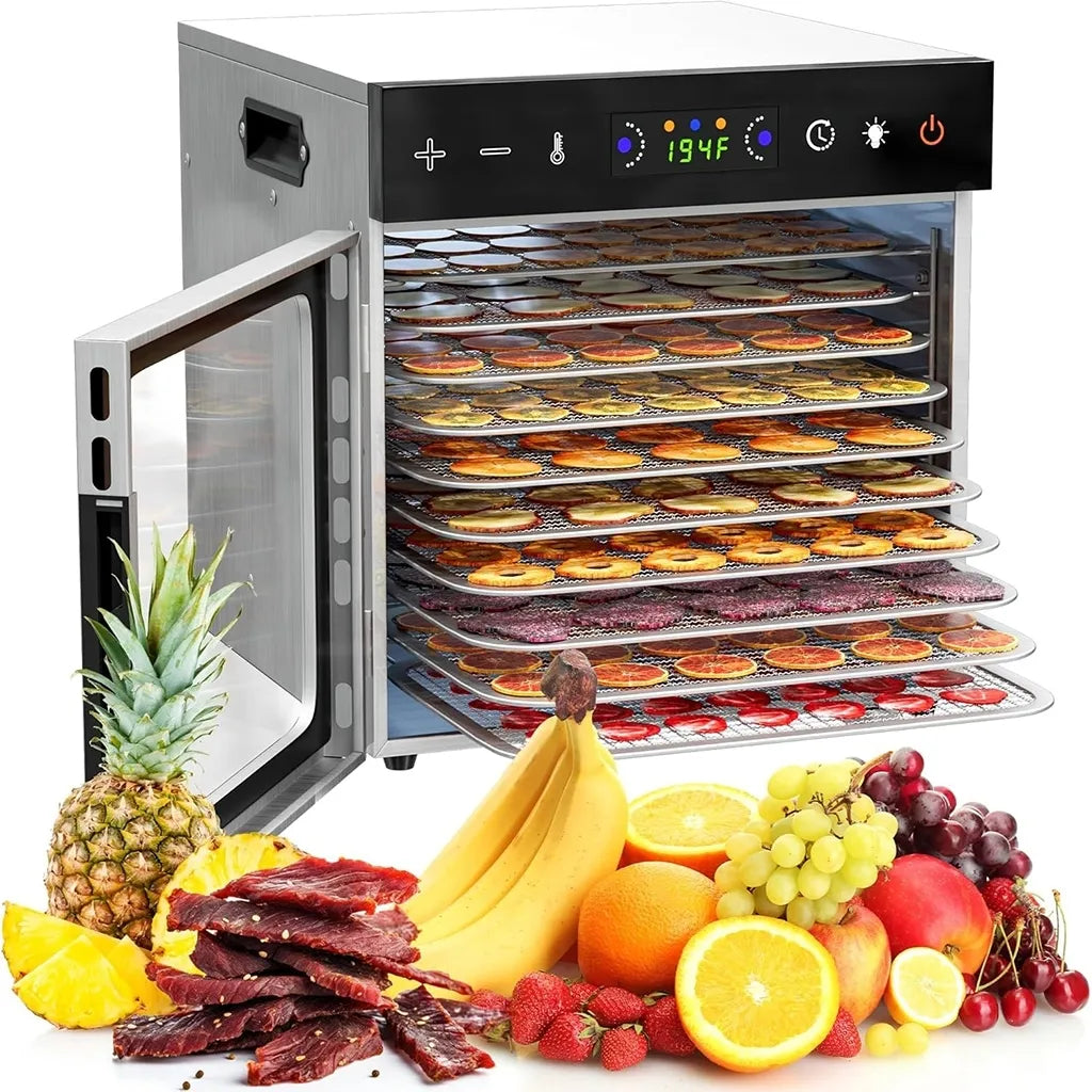 Profesionali vaisių ir maisto džiovyklė 600 W, 10 padėklų, nerūdijančio plieno, tinkama sveikai džiovinimo.