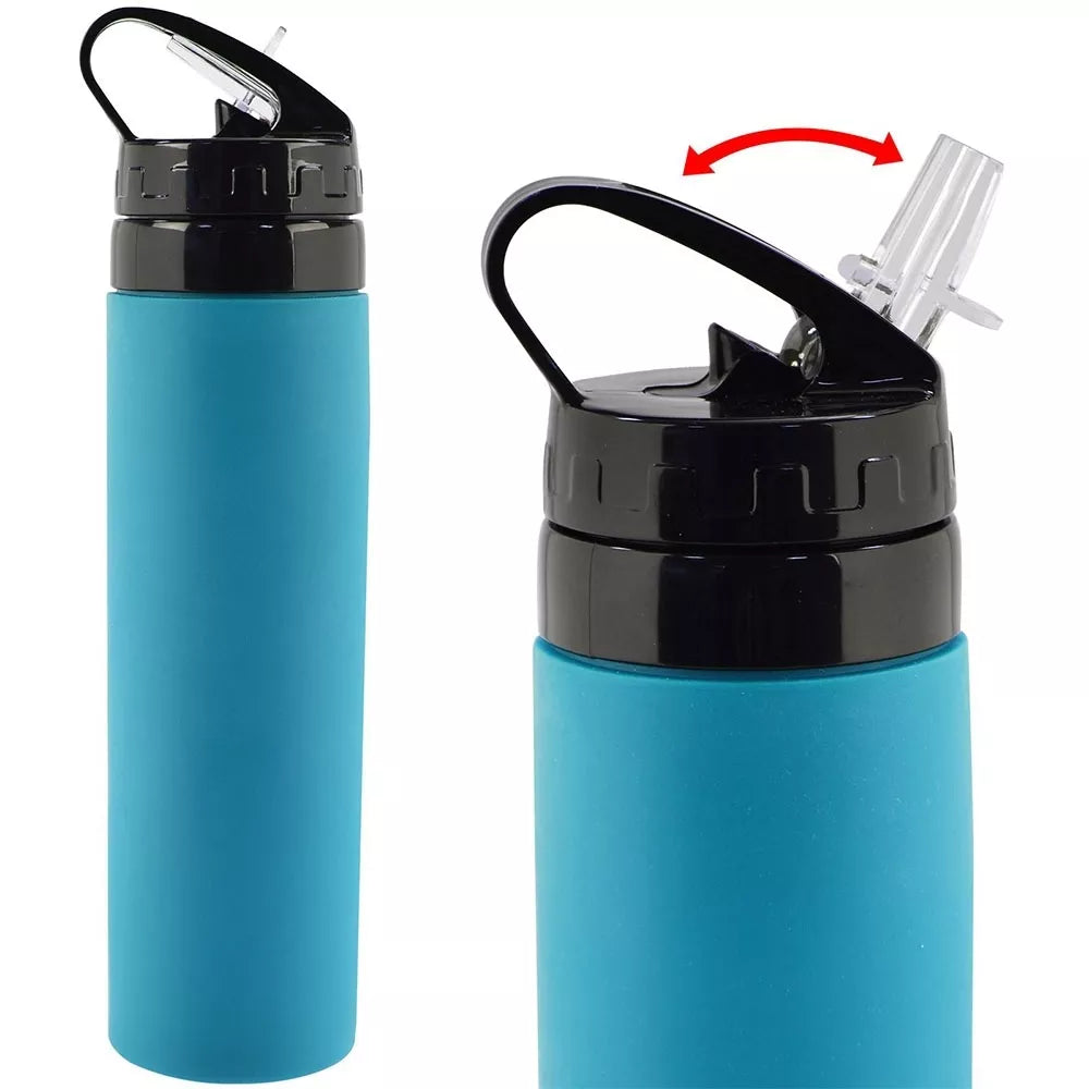 Silikoninė sulankstoma gertuvė 600 ml, mėlyna, lanksti ir patogi naudoti, matoma su sulankstyta ir išpilstyta vandens.