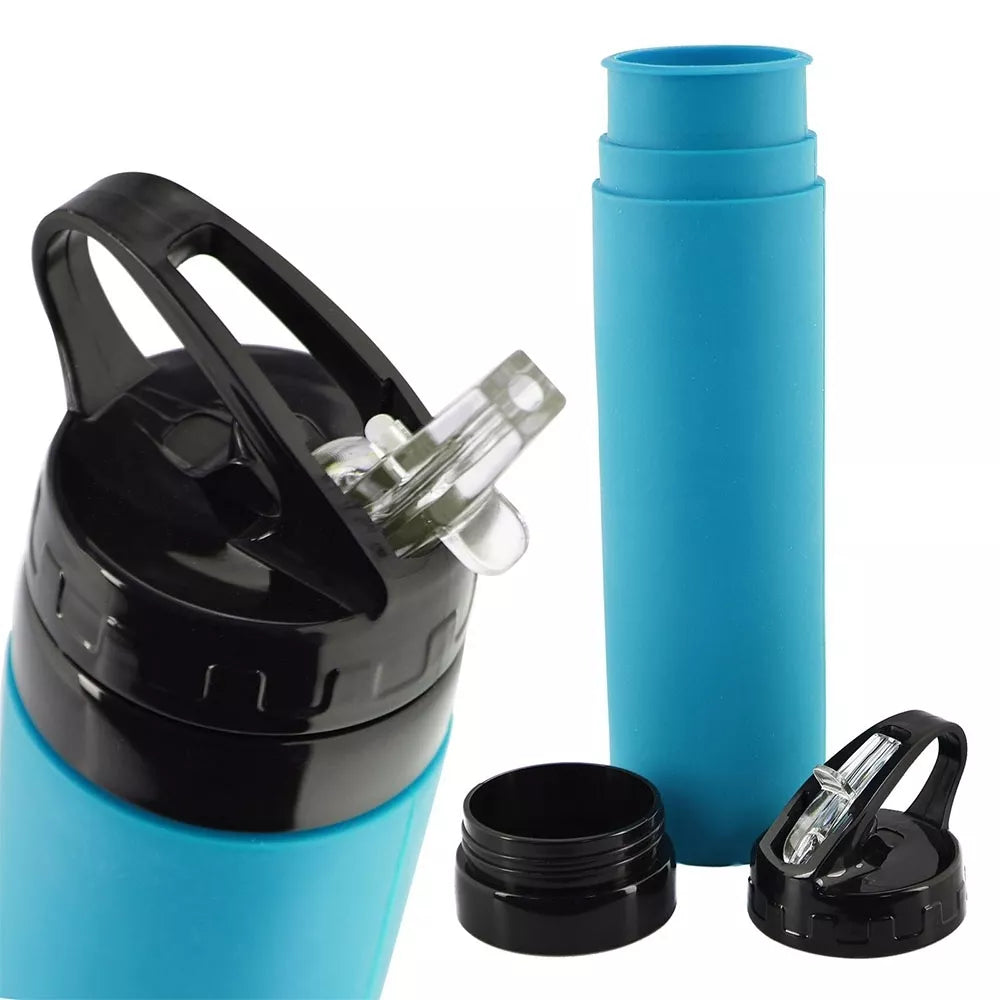 Silikoninė sulankstoma gertuvė 600 ml, mėlynos spalvos, patogi nešiotis ir lanksti, skirta gerti vandeniui ar gėrimams.