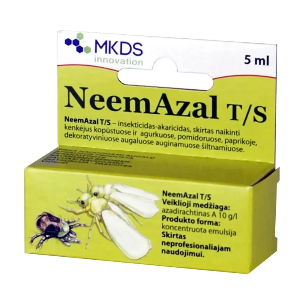 NeemAzal biologinis insekticidas ir akaricidas, 5 ml buteliukas su natūraliu Neem ekstraktu, naudoti augalų apsaugai.