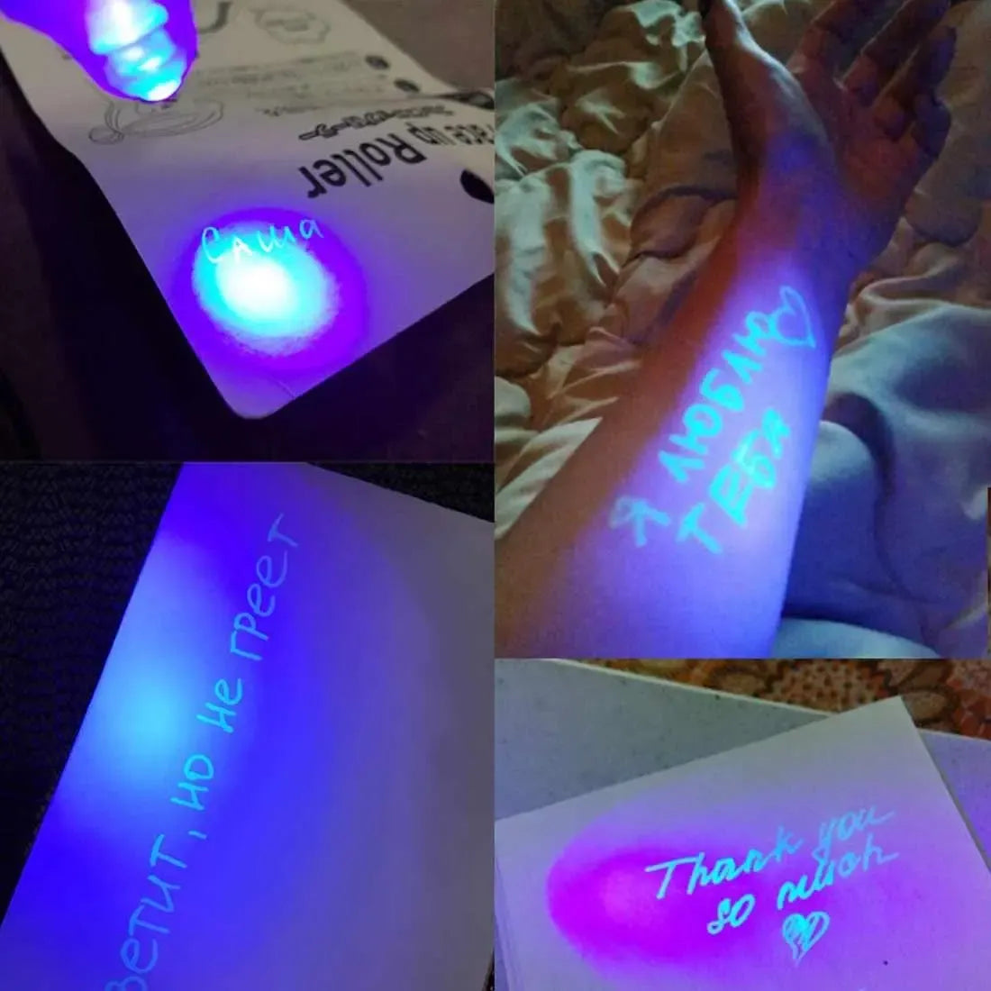Nematomo rašalo tušinukas su UV lempute, mėlynas plastikinis rašiklis su UV šviesa ir rašymo antgalis