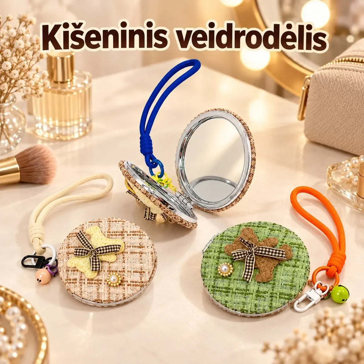 Pakabinamas kišeninis veidrodėlis su pliušiniu meškiuku, mažas ir patogus kelionėms, sidabrinė apdaila, vaikų aksesuaras.