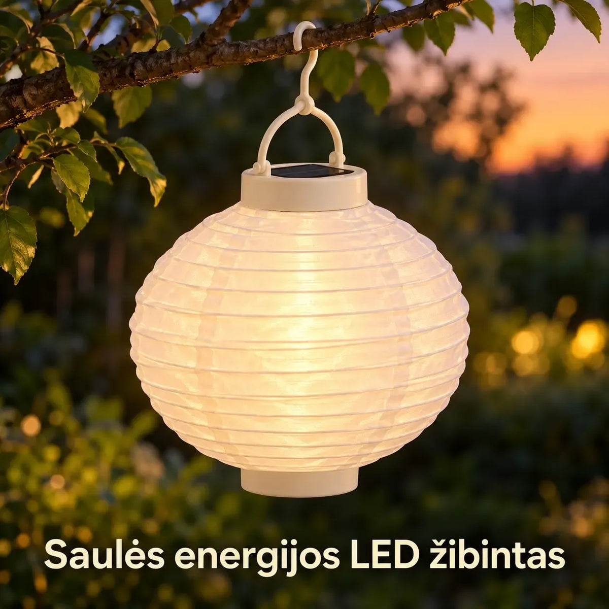 Pakabinamas saulės energijos LED žibintas „festival“, 20 cm, su šviesos diodais ir dekoratyviu dizainu lauko apšvietimui.