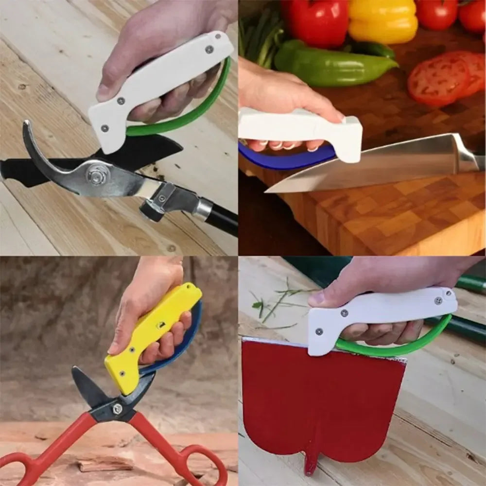 Rankinis peilių galąstuvas su ergonomiška rankena, patogus naudoti, tinka virtuvės peiliams, tvirtas ir patvarus.