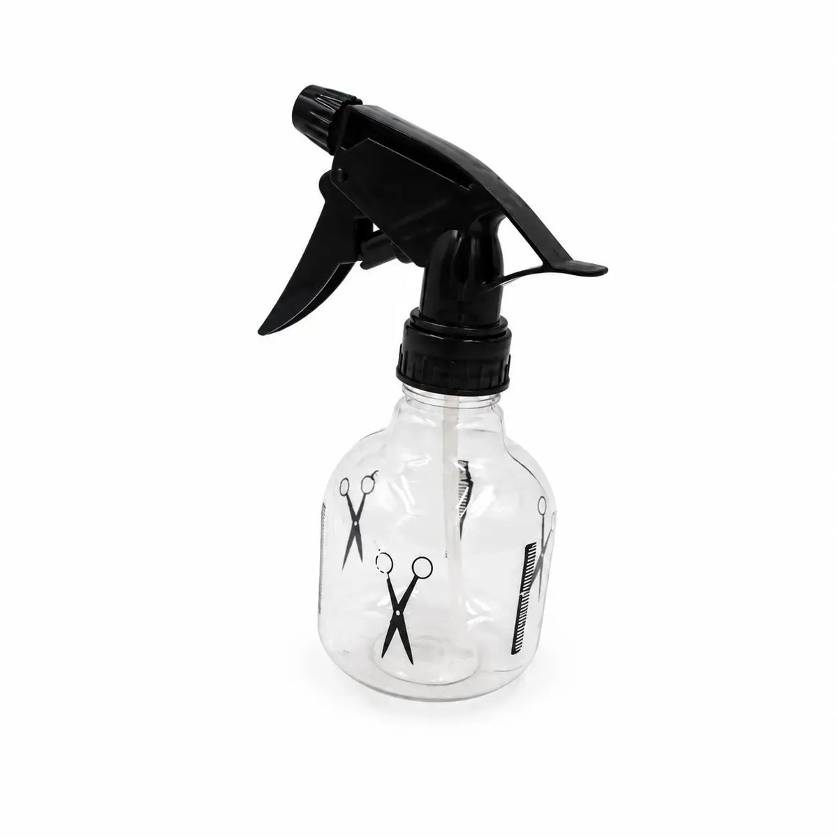 Plastikinis purškiamas buteliukas 100 ml, skaidrus, su patogiu purkštuvu, tinkamas skysčiams ir kosmetikai.
