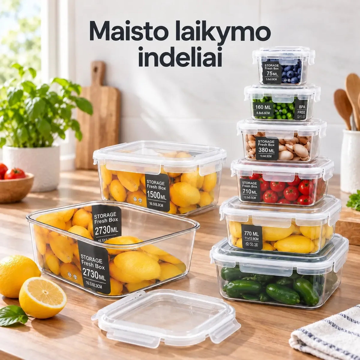 6 plastikinių maisto laikymo indų rinkinys su dangčiais, įvairių dydžių, skaidrus ir patvarus, idealiai saugo maistą.
