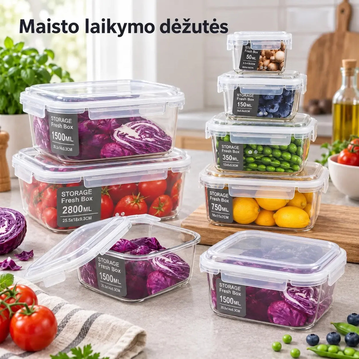 Plastikinių maisto laikymo indų rinkinys su dangčiais, 6 vnt., įvairių dydžių, skirti šaldymui ir saugojimui.