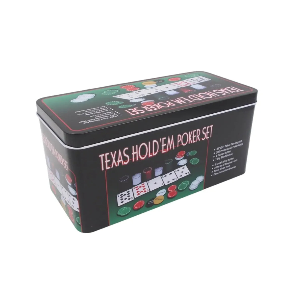 Pokerio rinkinys Texas Hold'em Starter – kortų kaladės, žetonų ir žaidimo instrukcijų rinkinys naujokams.