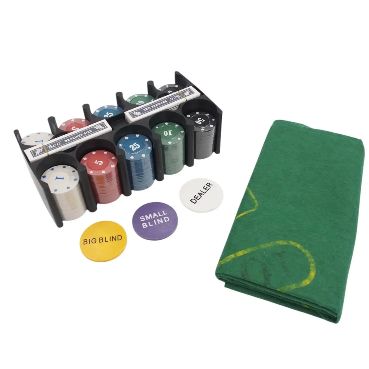 Pokerio rinkinys Texas Hold'em Starter – kortos, žetonai ir žaidimo lenta, skirti pradedantiems pokerio žaidėjams.