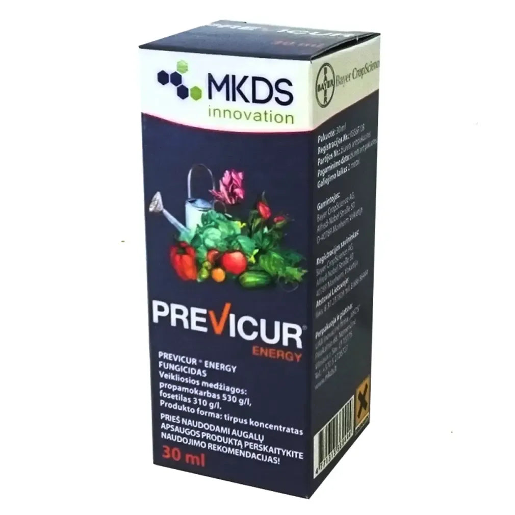Fungicidas Previcur Energy 30 ml, skystas preparatas augalų apsaugai nuo grybelinių ligų, pavaizduotas buteliukas.