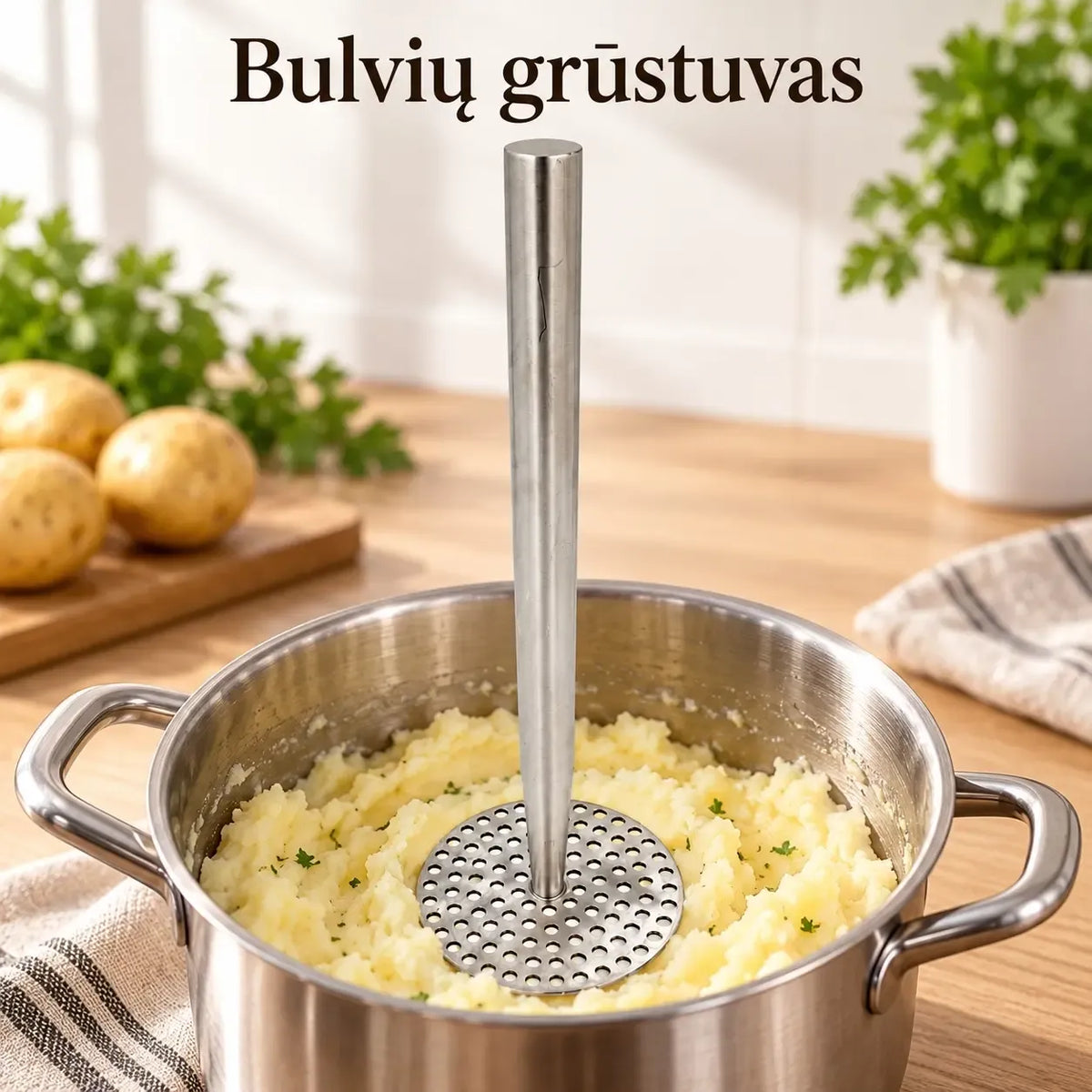 Profesionalus bulvių grūstuvas TR2454 su metaliniu korpusu ir rankenėlėmis, skirtas bulvių skaldymui ir paruošimui.