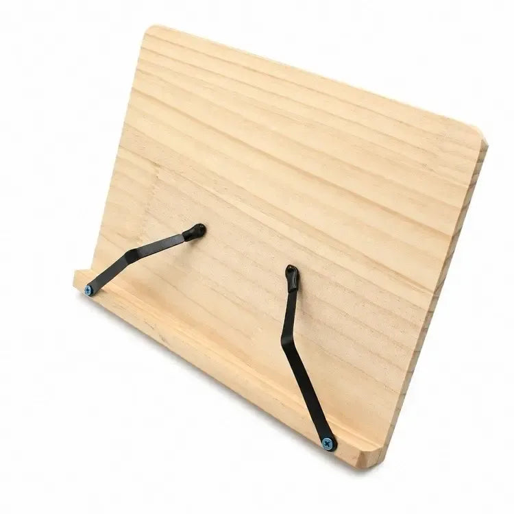 Reguliuojamas knygų stovas 28 × 20 cm, tvirtas ir patogus skaitymo ar darbo vietai, medinis ar plastikinis, reguliuojamo dydžio.