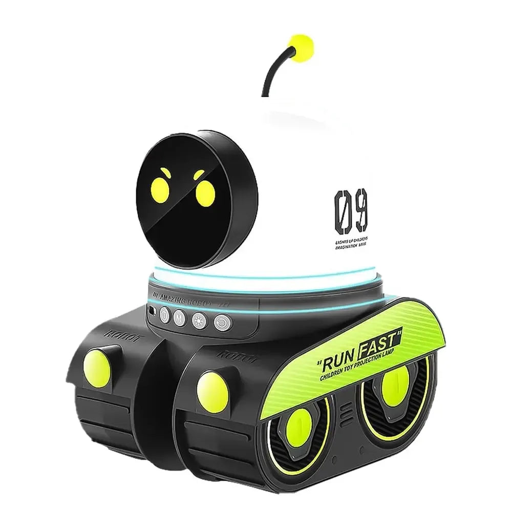 Interaktyvus robotas su LED projektoriumi, vaikams, su šviesos ir judesio funkcijomis, šviesiai pilkas, žaislas suprojektuotas vaikams.