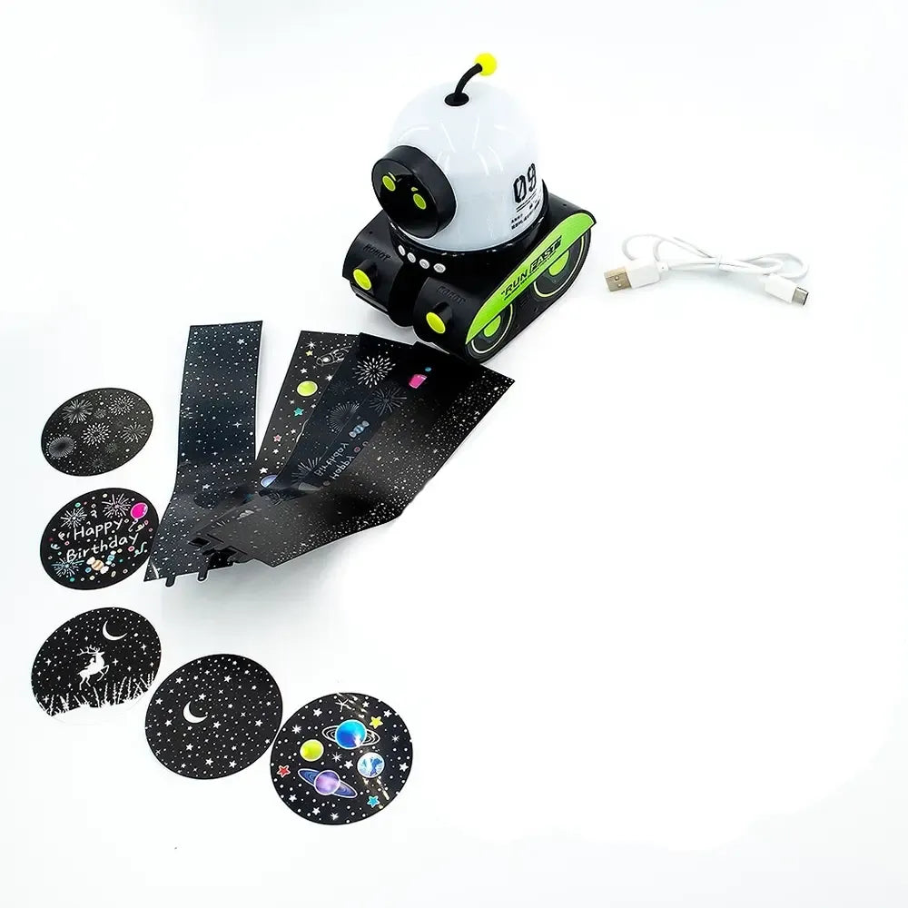 Interaktyvus robotas su LED projektoriumi, su judesio jutikliais ir spalvingomis apšvietimo funkcijomis, vaikų žaidimų robotas.