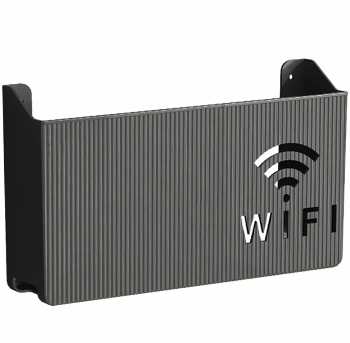 Juoda sieninė lentyna Wi-Fi maršrutizatoriui, skirta patogiai laikyti ir organizuoti interneto įrangą.