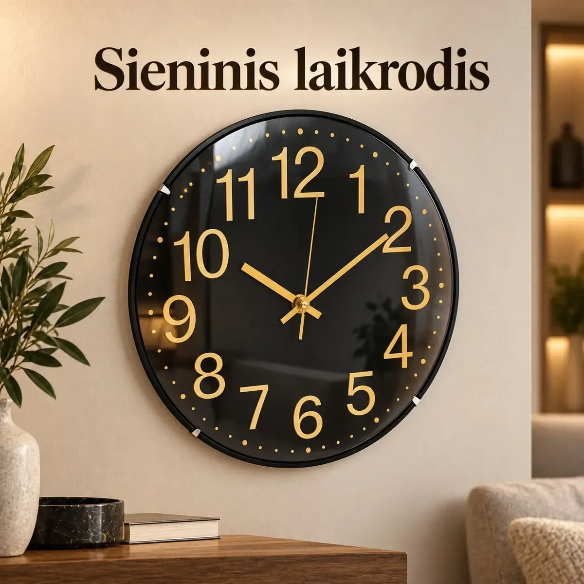 Juodas sieninis laikrodis su ciferblatu ir moderniu dizainu, TR2250G modelis, dekoratyvus ir funkcionalus interjero elementas.