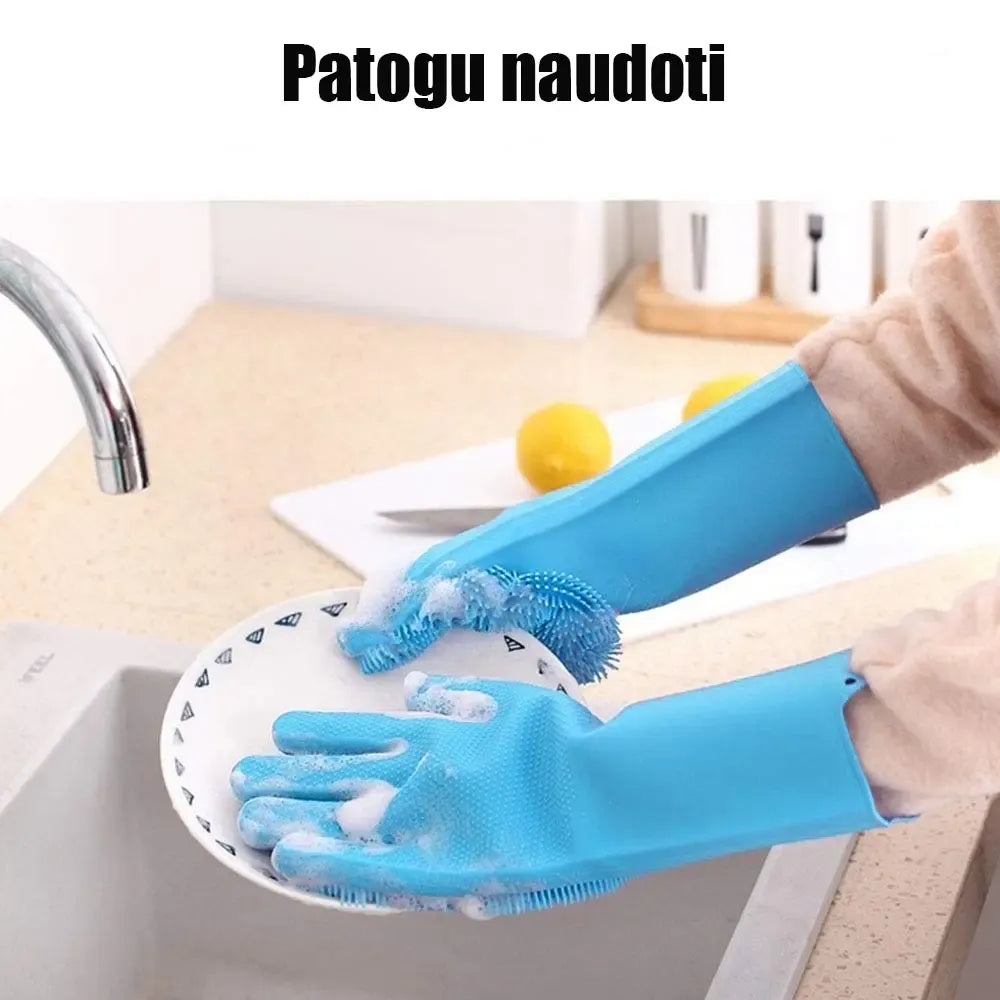Silikoninės daugiafunkcinės plovimo ir valymo pirštinės su tekstūruotos iš išorės, tinkamos virtuvės valymui.