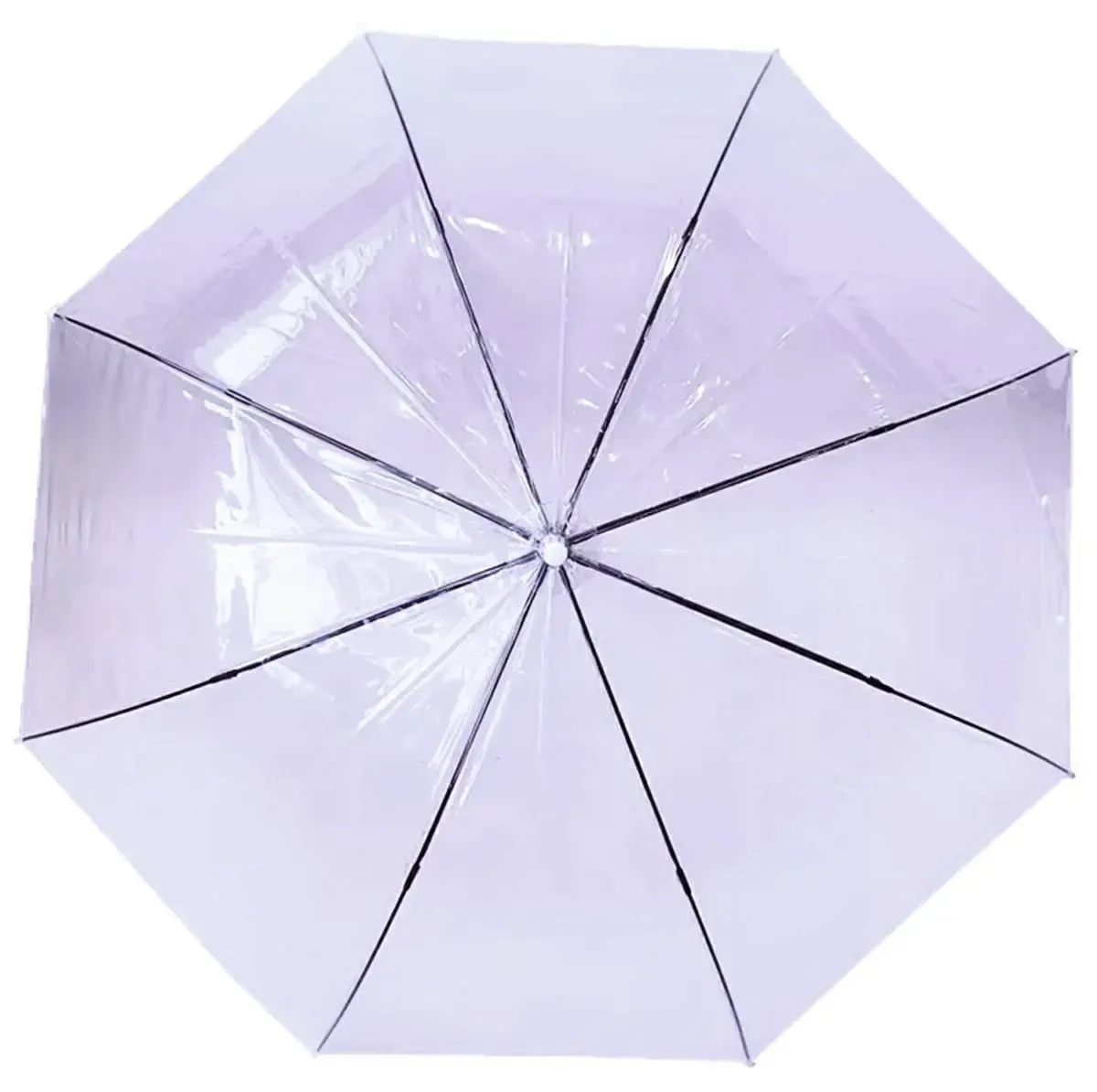 Skaidrus automatinis skėtis HAPPY RAIN violetinis, matoma skaidri jo dalis ir spalvotas rankenos detalės.