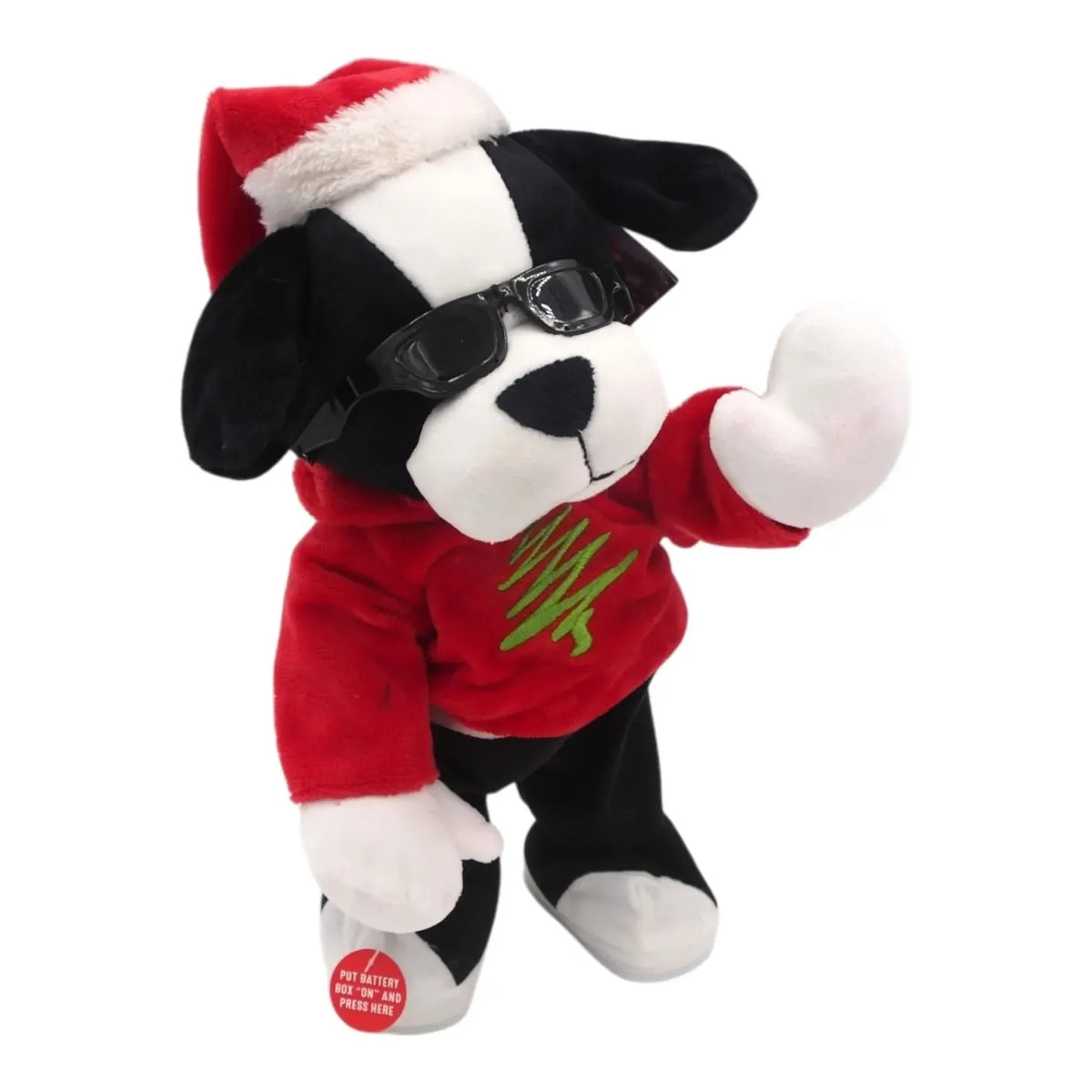 Interaktyvus šokantis ir dainuojantis kalėdinis šuniukas, žaislinis, su spalvingomis detalėmis ir judesiais, skirtas vaikams.
