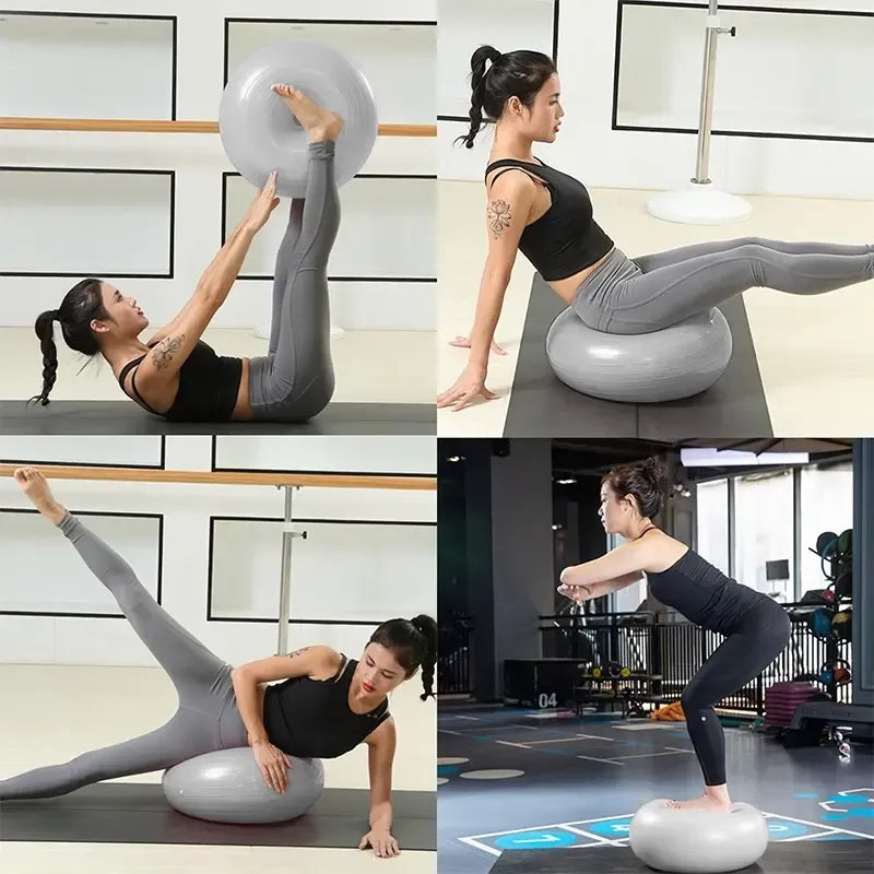 Spurgos formos gimnastikos kamuolys, baltas ir minkštas, skirtas sportui ir fizinei veiklai, su elastinga struktūra.