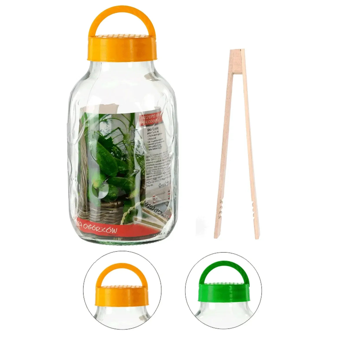 Stiklainis 5 l su plastikiniu dangteliu ir žnyplėmis, skirta maistui ar konservavimui, patogus ir sandarus.