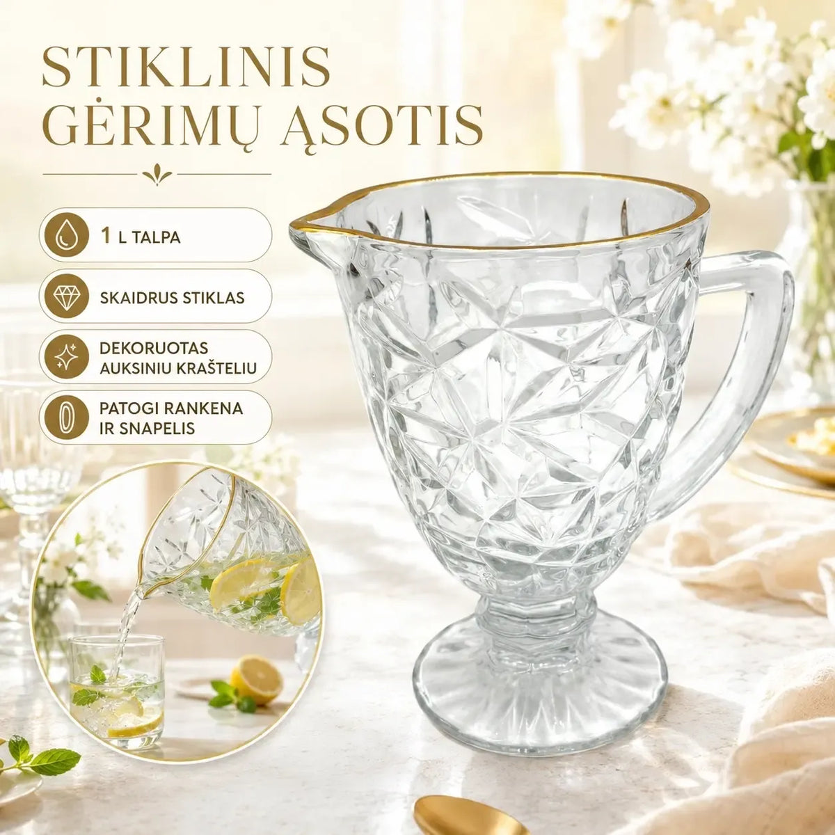 Stiklinis ąsotis "Gold" su aukso detalėmis, skaidrus stiklas, tinkamas gėrimams ir serviravimui.