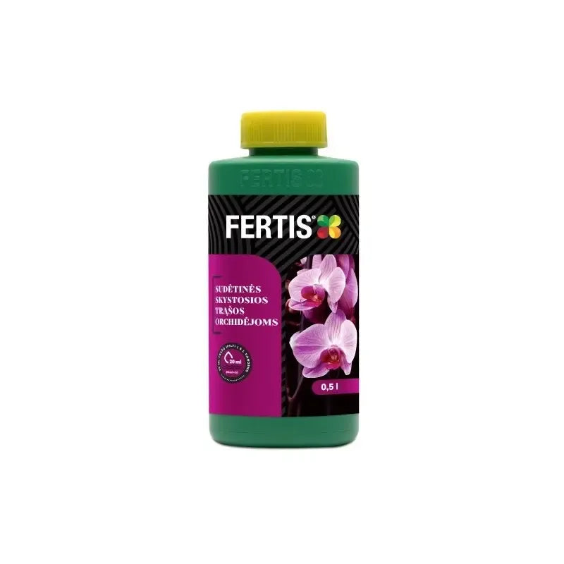 Skystos orchidėjų trąšos Fertis, 0,5 l, skaidrus skystis, skirtas augalų priežiūrai ir mitybai.