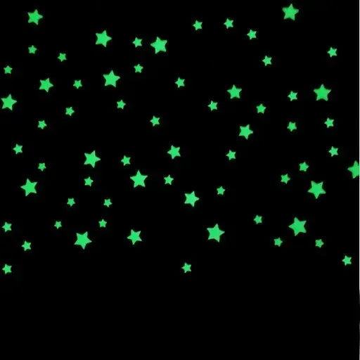 Šviečiančios žvaigždės tamsoje, 100 vnt., dekoratyvios, su šviesą skleidžiančiu paviršiumi, tinka vaikų kambariui ar vakarėliui.