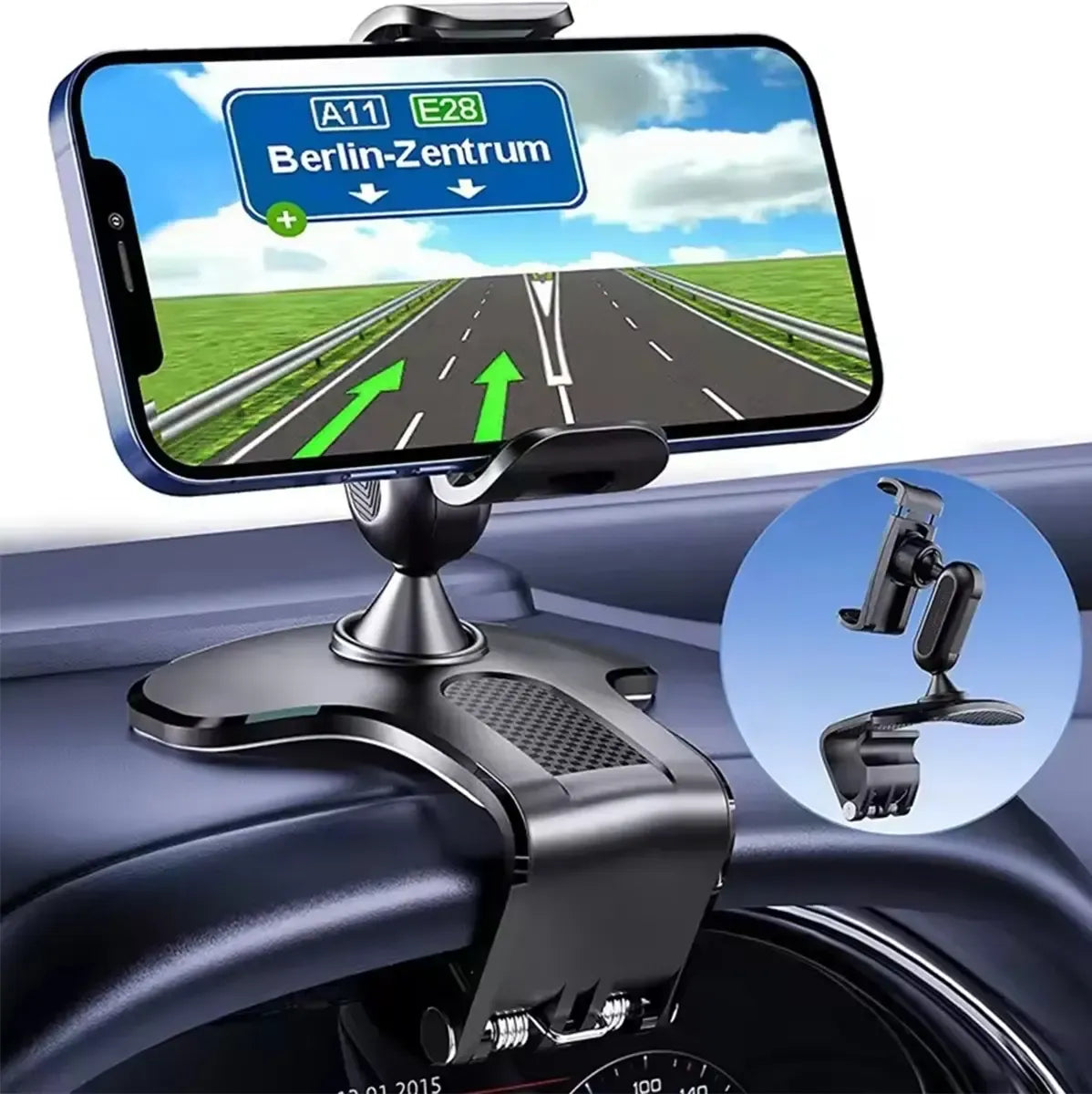 Universalus automobilių telefono laikiklis prietaisų skydeliui, tvirtinamas ir reguliuojamas, matosi su telefonu įrengtas laikiklis.