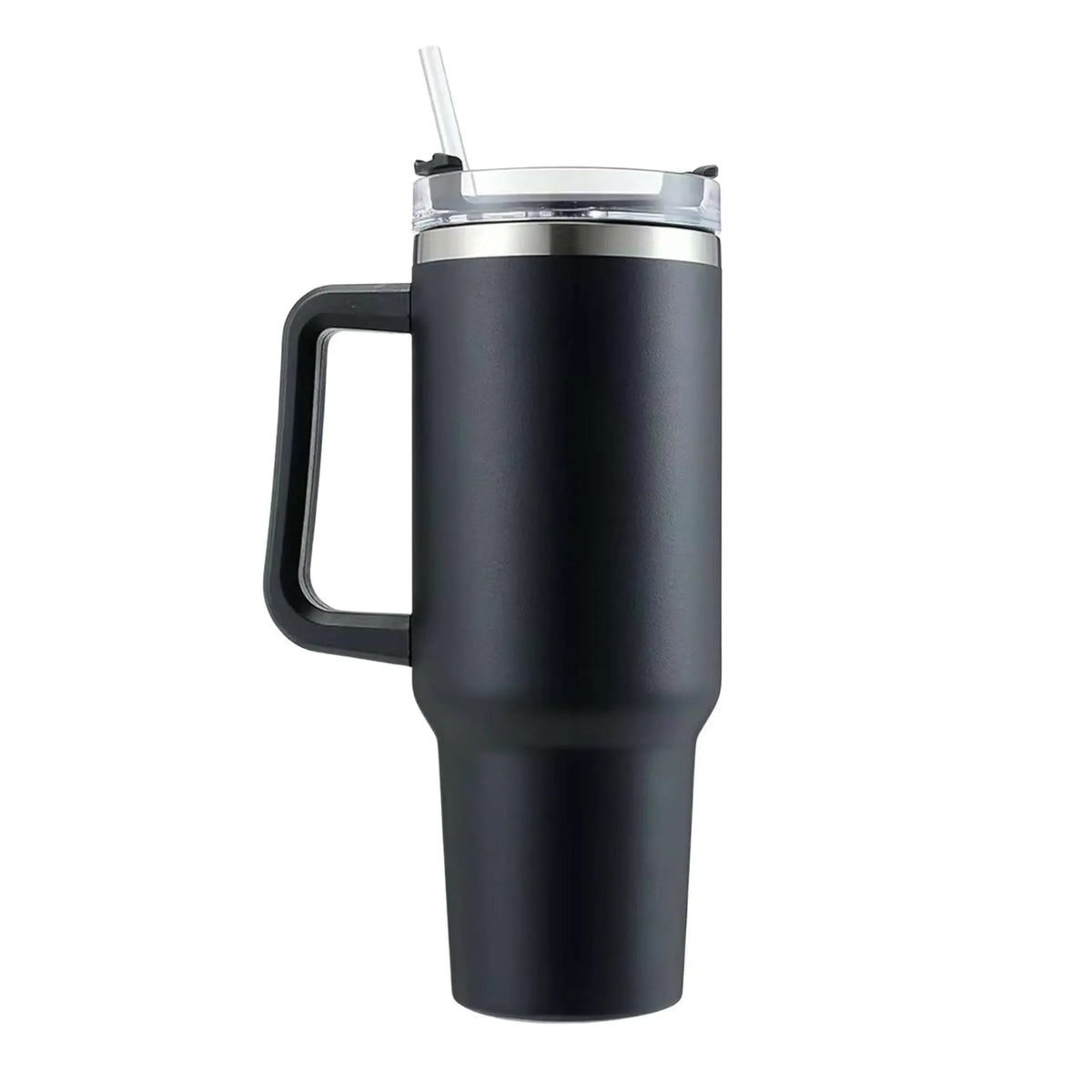 Juodas termosinis puodelis su šiaudeliu, 1000 ml talpa, tinka karštoms ir šaltoms gėrimams, patogus ir stilingas.