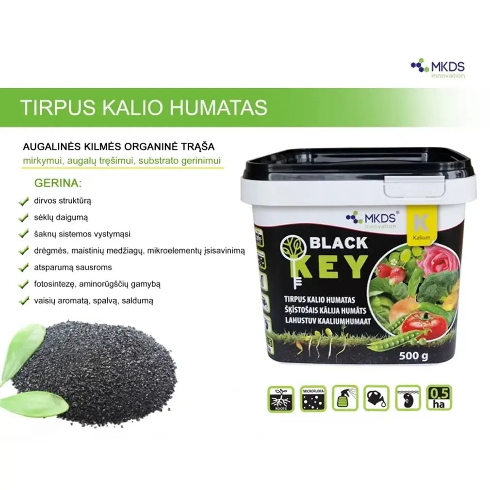 Tirpios kalio humato trąšos BLACK KEY, 500 g, natūralios žemės ūkio trąšos su kalio ir humato komponentais, skirtos augalų augimui.