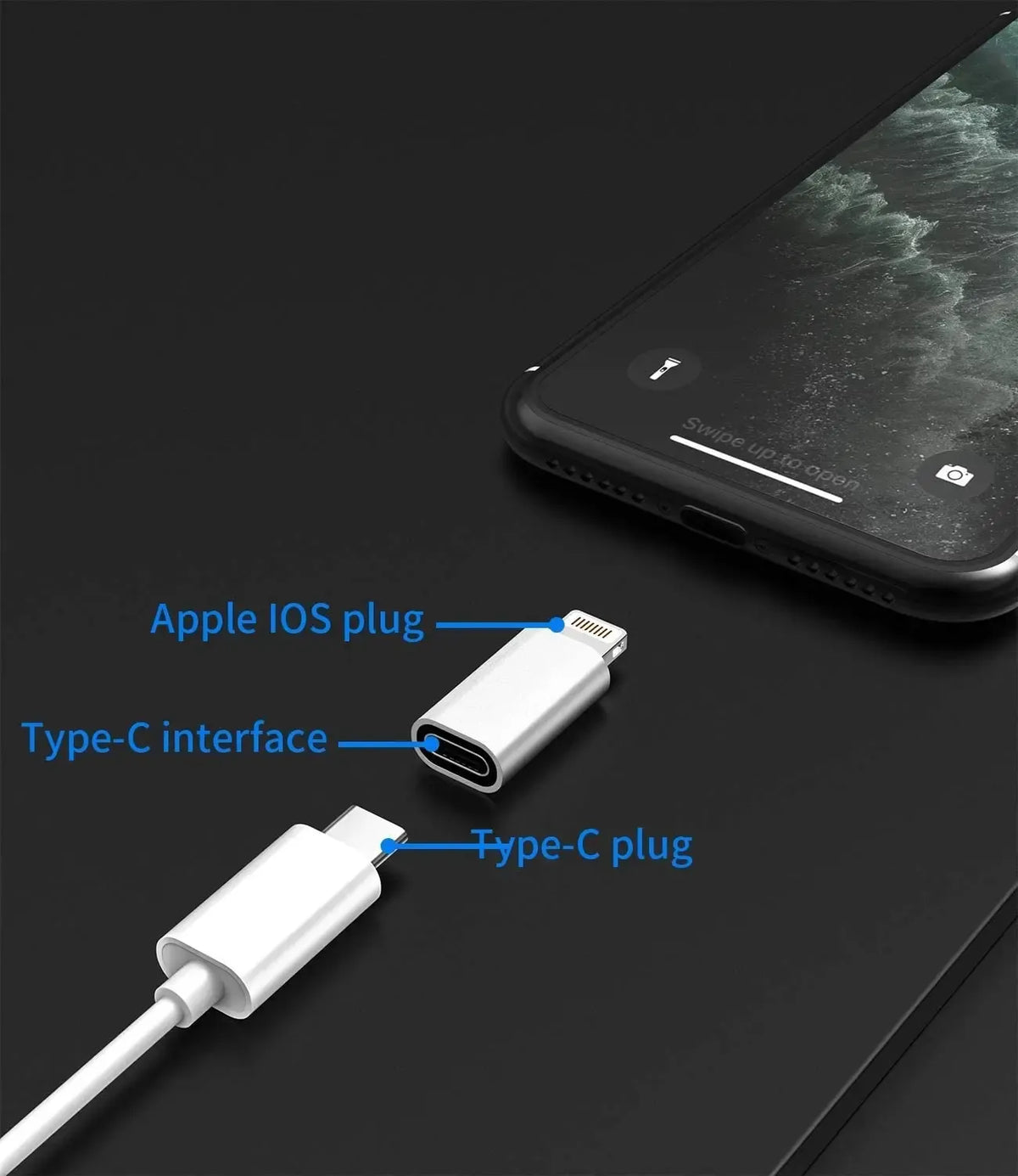 USB-C į Lightning adapteris, skirtas greitam įrenginių sujungimui, parodytas ant balto fono.
