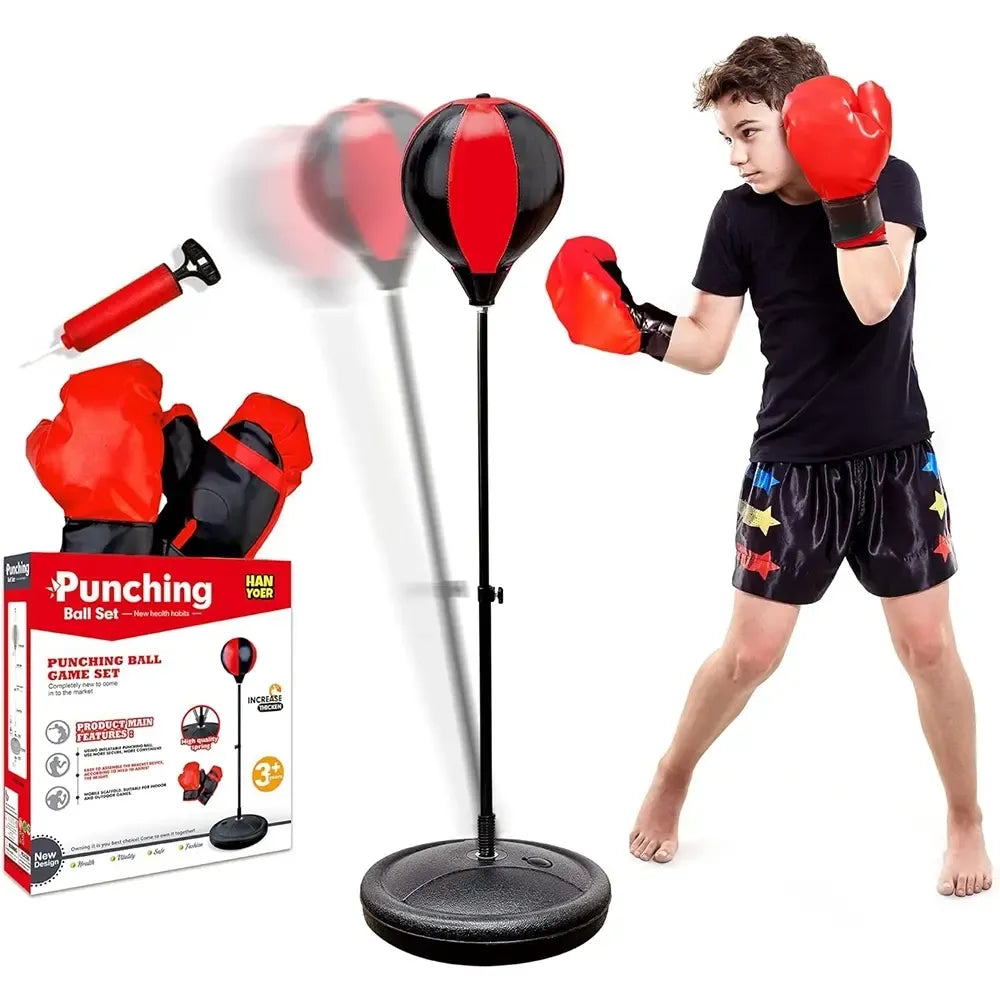 Vaikiškas bokso rinkinys su kriauše ir pirštinėmis, spalvingas ir saugus vaikams treniruotėms ir žaidimams.