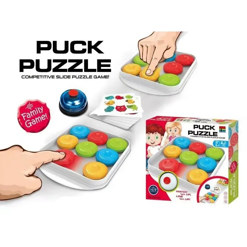 Žaidimo Puck Puzzle stalo žaidimas su spalvingais elementais ir 3D dizainu, žaidimo komponentai ant medinio pagrindo.
