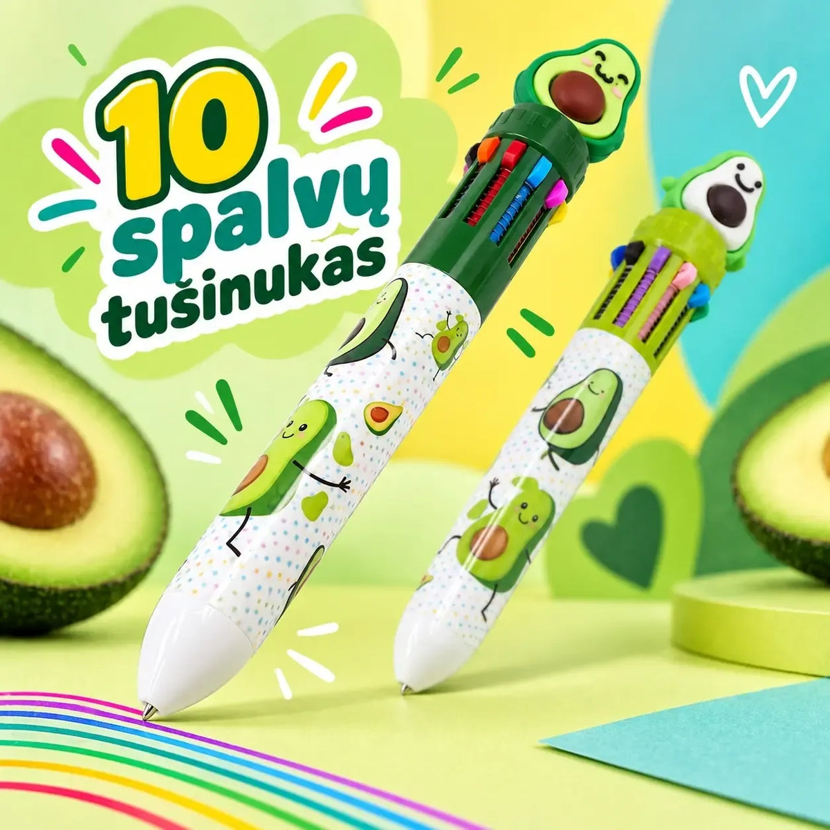 Dešimt spalvotų rašiklių su avokado dekoracijomis, skirti rašymui ir piešimui, spalvingas ir žaismingas dizainas.