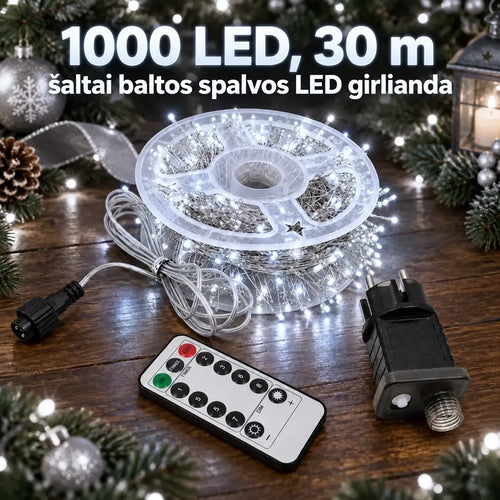 1000 LED šviesos girlianda, 30 m ilgio, šaltai balta šviesa, dekoratyvinė apšvietimo girlianda.