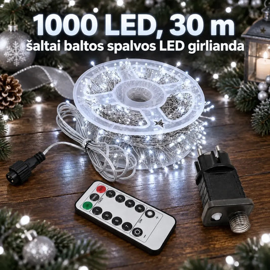 1000 LED šviesos girlianda, 30 m ilgio, šaltai balta šviesa, dekoratyvinė apšvietimo girlianda.