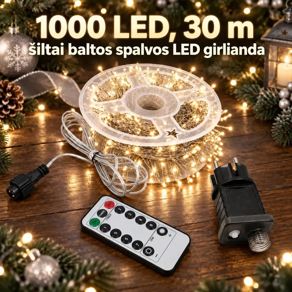 Ilgos šiltai baltos spalvos LED girliandos su 1000 LED diodų, 30 metrų ilgio, puikiai apšviečia patalpą ar lauko erdvę.