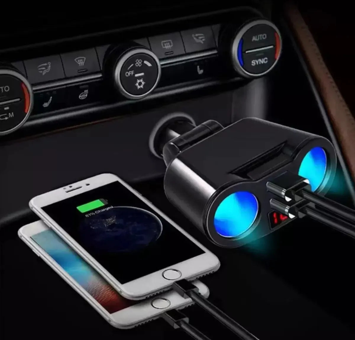 12V automobilinis cigarečių žiebtuvėlio skirstytuvas su USB įkrovimo lizdais ir voltmetru, skirtas automobilių naudojimui.