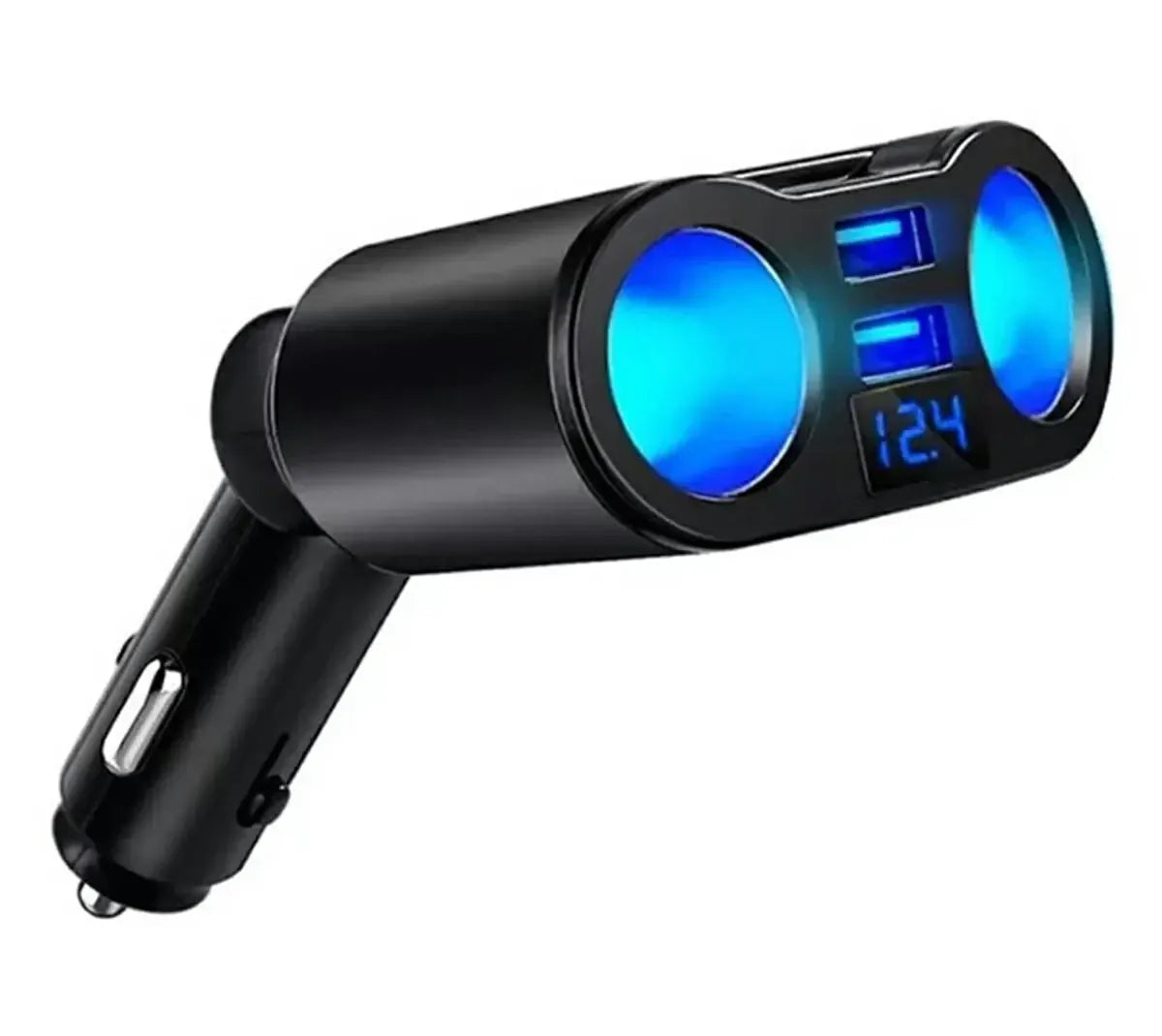 12V automobilinis cigarečių žiebtuvėlio skirstytuvas su USB lizdais ir voltmetru, juodas, kompaktiškas ir patogus naudoti.