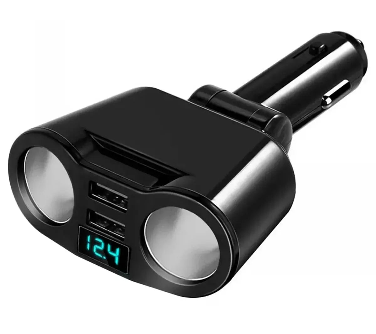 12V automobilinis cigarečių žiebtuvėlio skirstytuvas su USB lizdais ir voltmetru, juodas, matomi jungtys ir įrenginio išvaizda