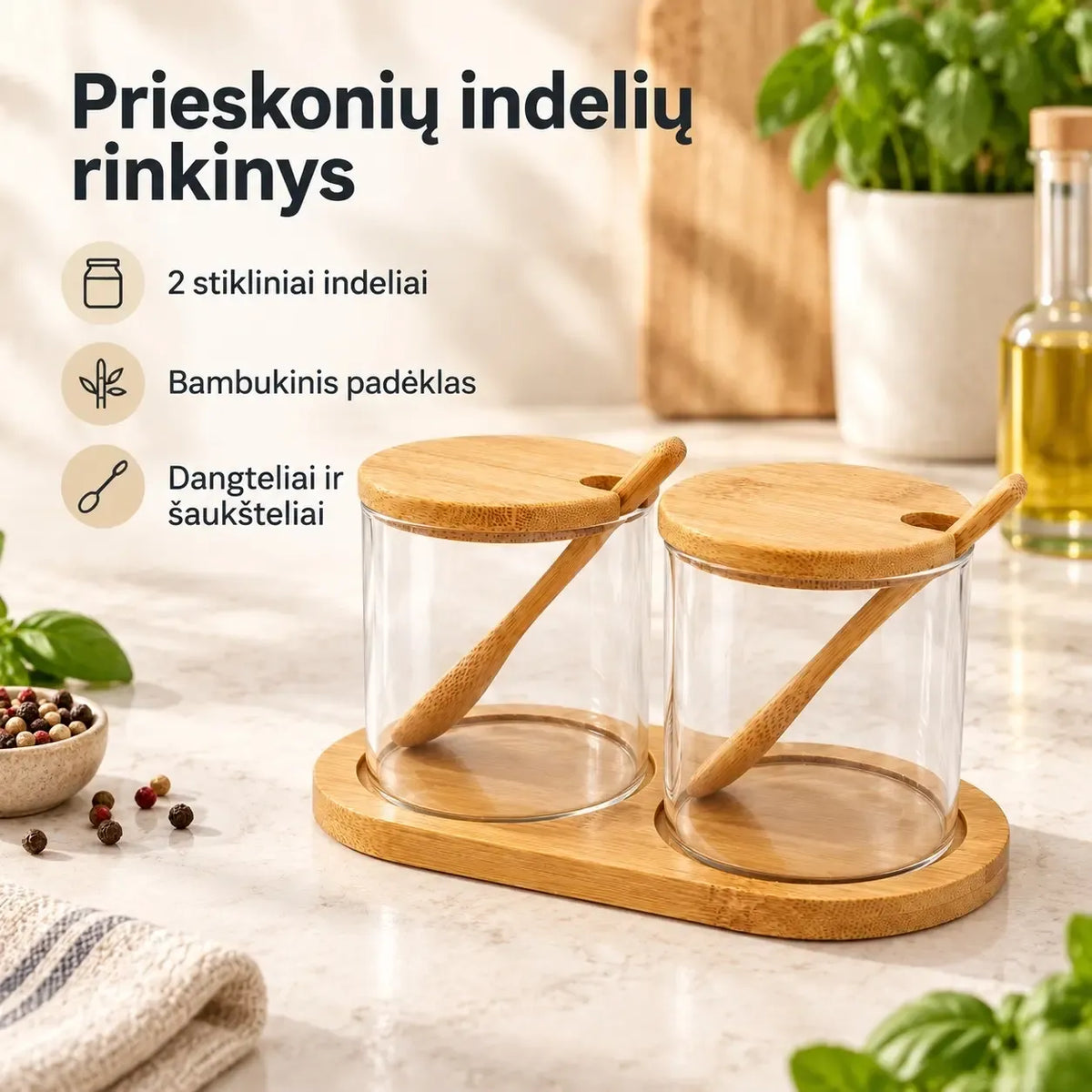 Dvigubo stiklinio indelio su dangteliais rinkinys, kiekvienas 320 ml, tinkamas maistui saugoti ir laikyti.