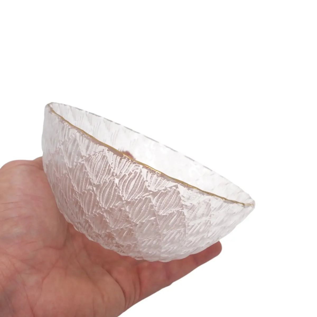 Stiklinis dubuo su auksiniu krašteliu, 15 cm, elegantiškas ir modernus virtuvės indas, tinkamas serviravimui ir dekoro elementui