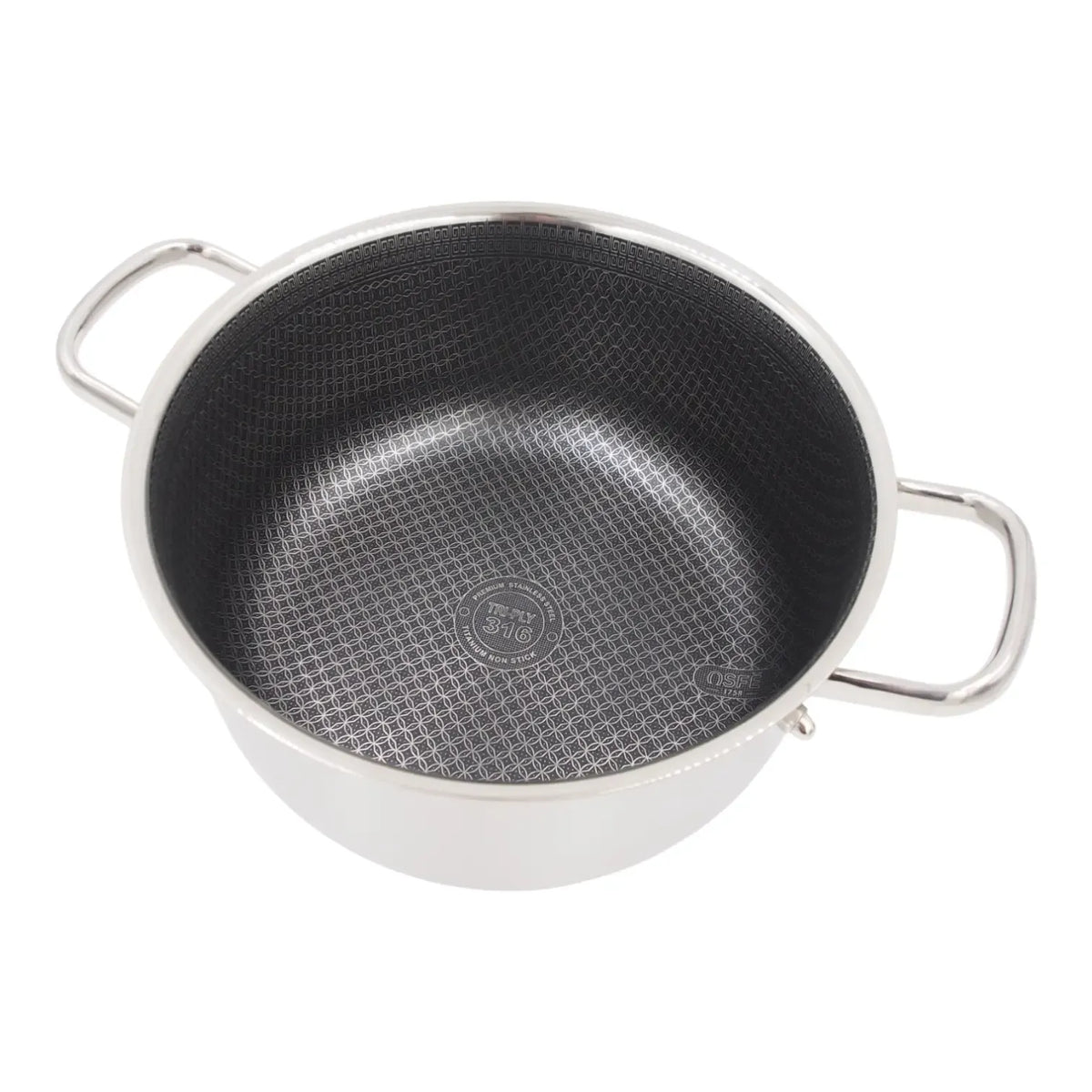 28 cm nerūdijančio plieno puodas OSFÉ Tri-Ply su dangčiu, 8 litrų talpa, virtuvės indas, patvarus ir funkcionalus.