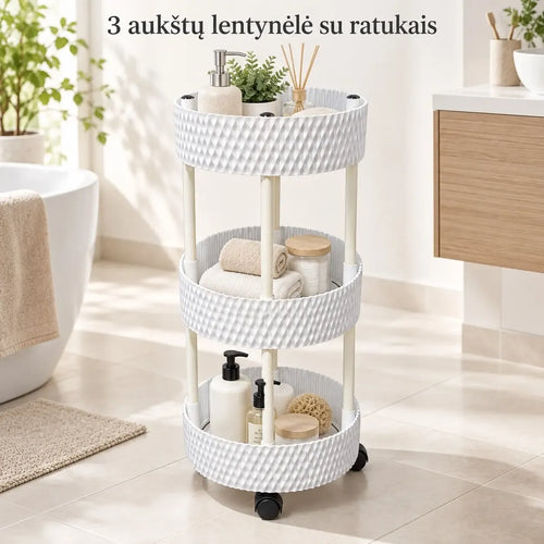 Trijų aukštų plastikinė lentyna su ratukais, skirta organizuoti ir laikyti daiktus namuose ar biure.