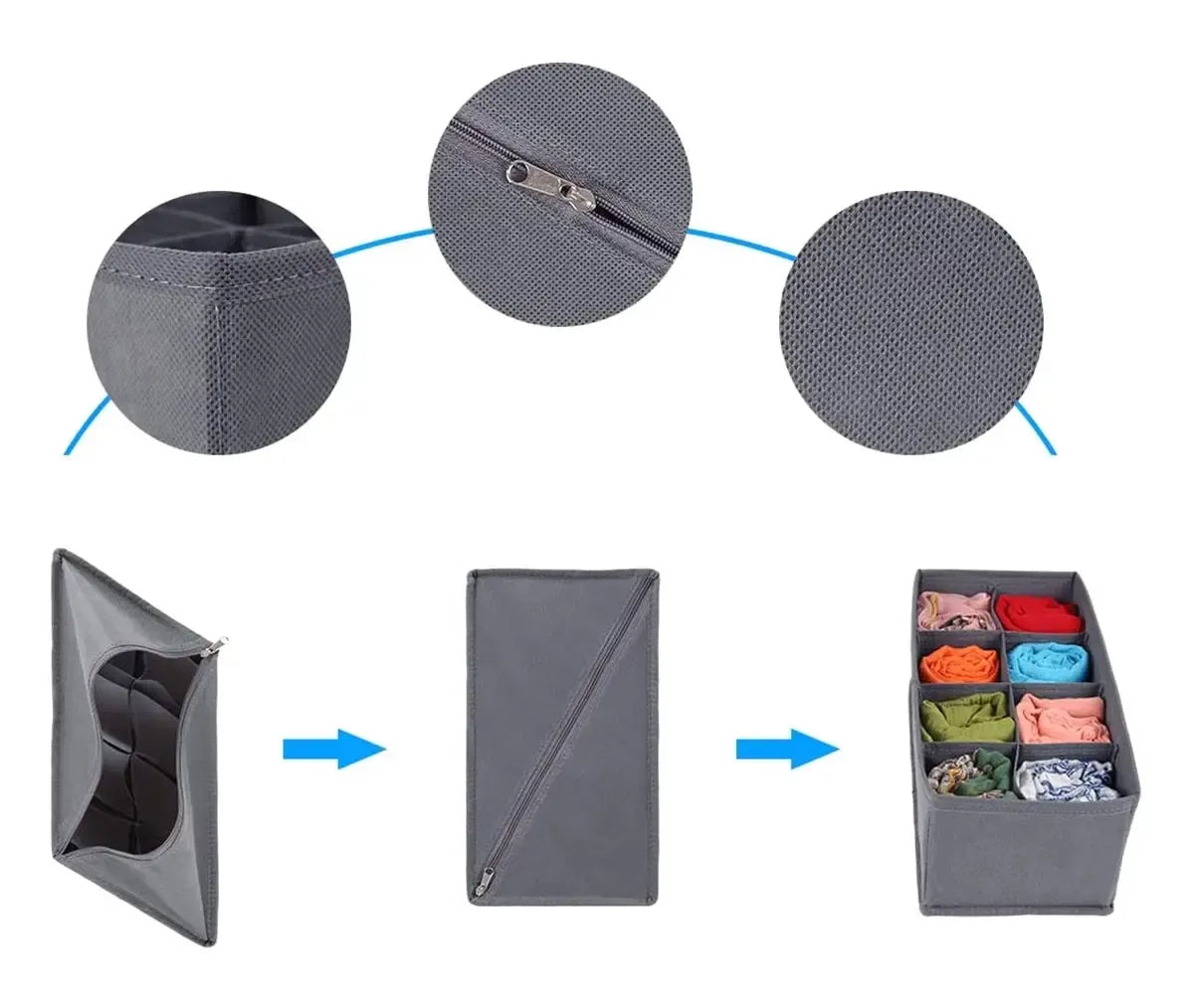 Trijų įdėklų stalčiams rinkinys, skirtas tvarkingai organizuoti spintos daiktus, pagamintas iš plastiko, neutralios spalvos.